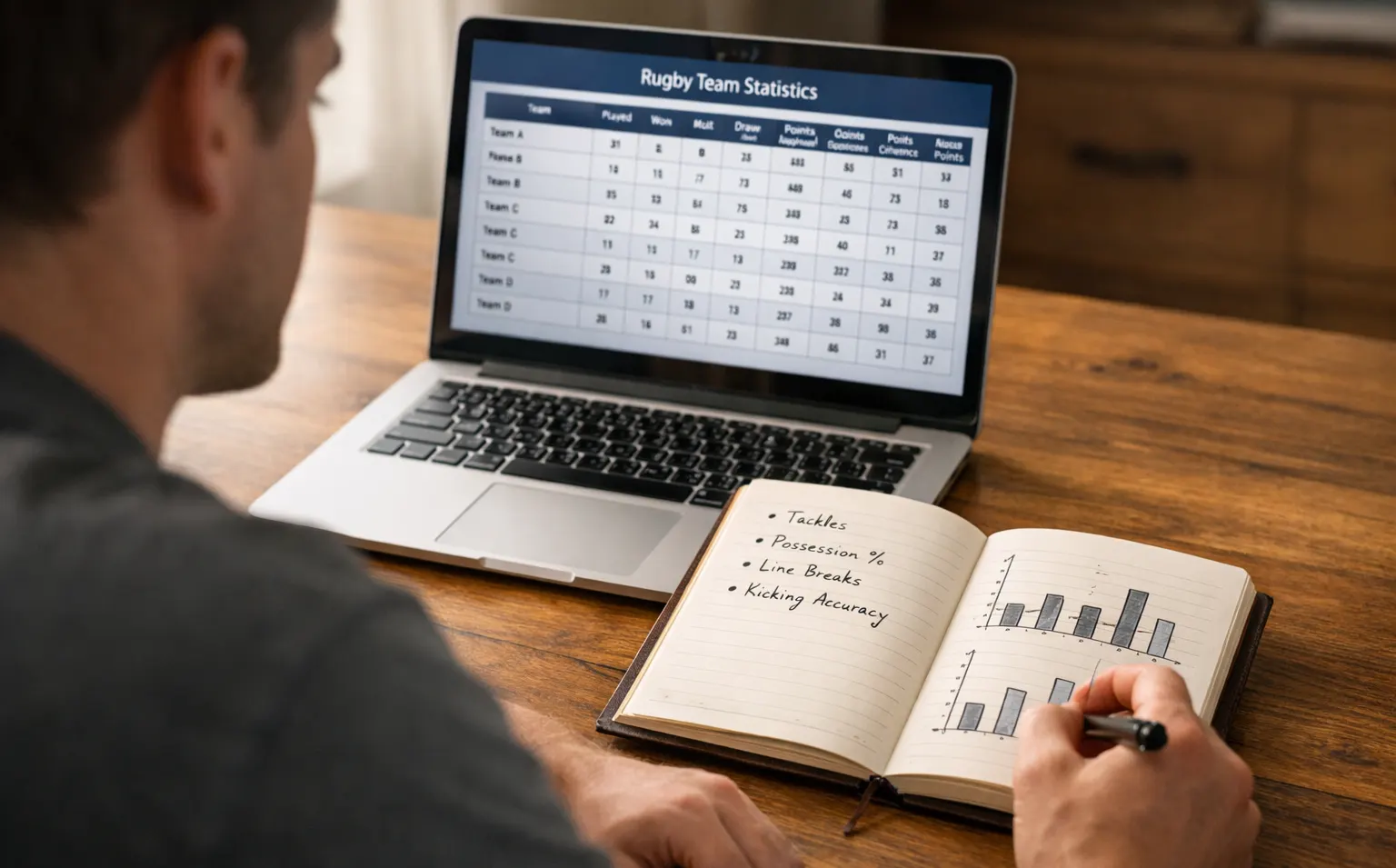 Analyste étudiant des statistiques de rugby sur un bloc-notes avant un match dans un stade