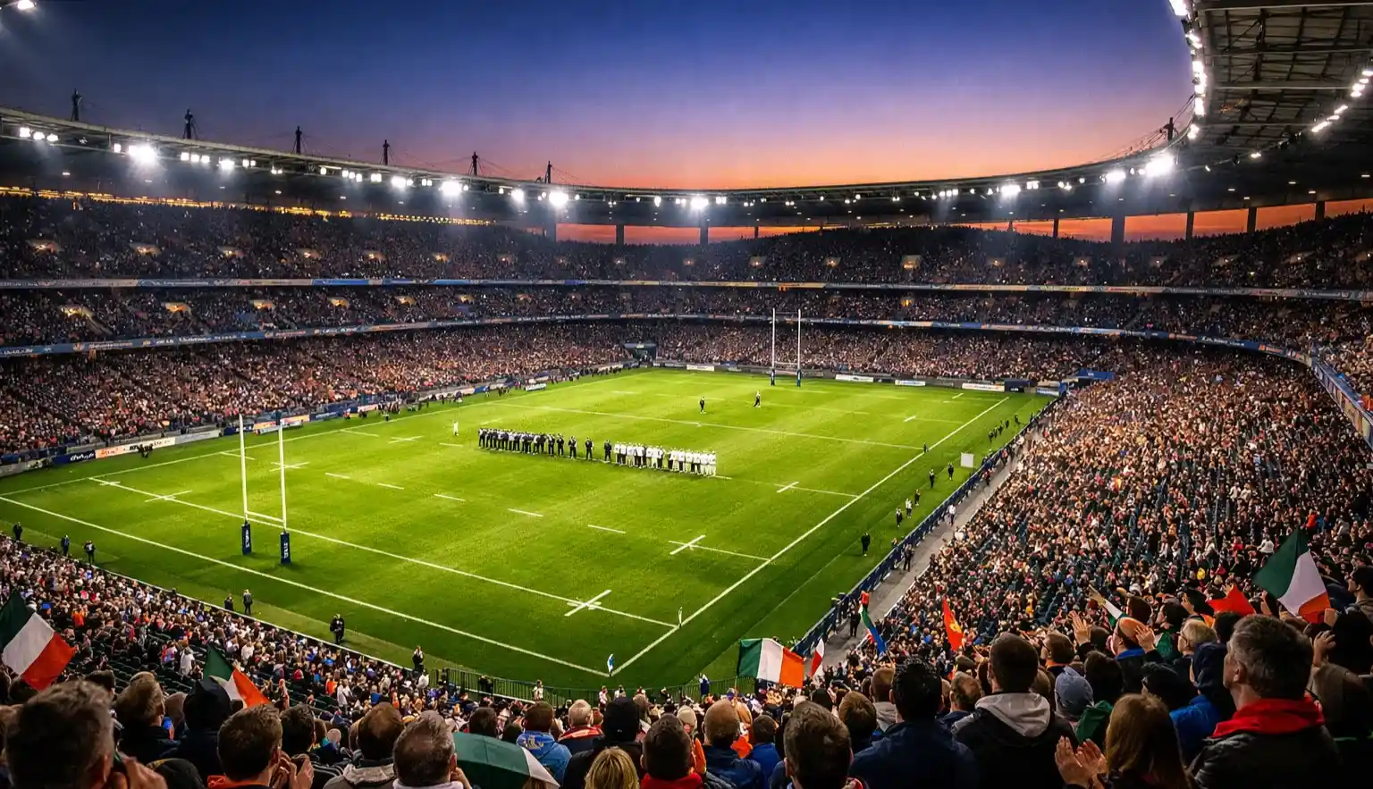 Stade de rugby rempli de spectateurs lors d'un match international du Tournoi des 6 Nations