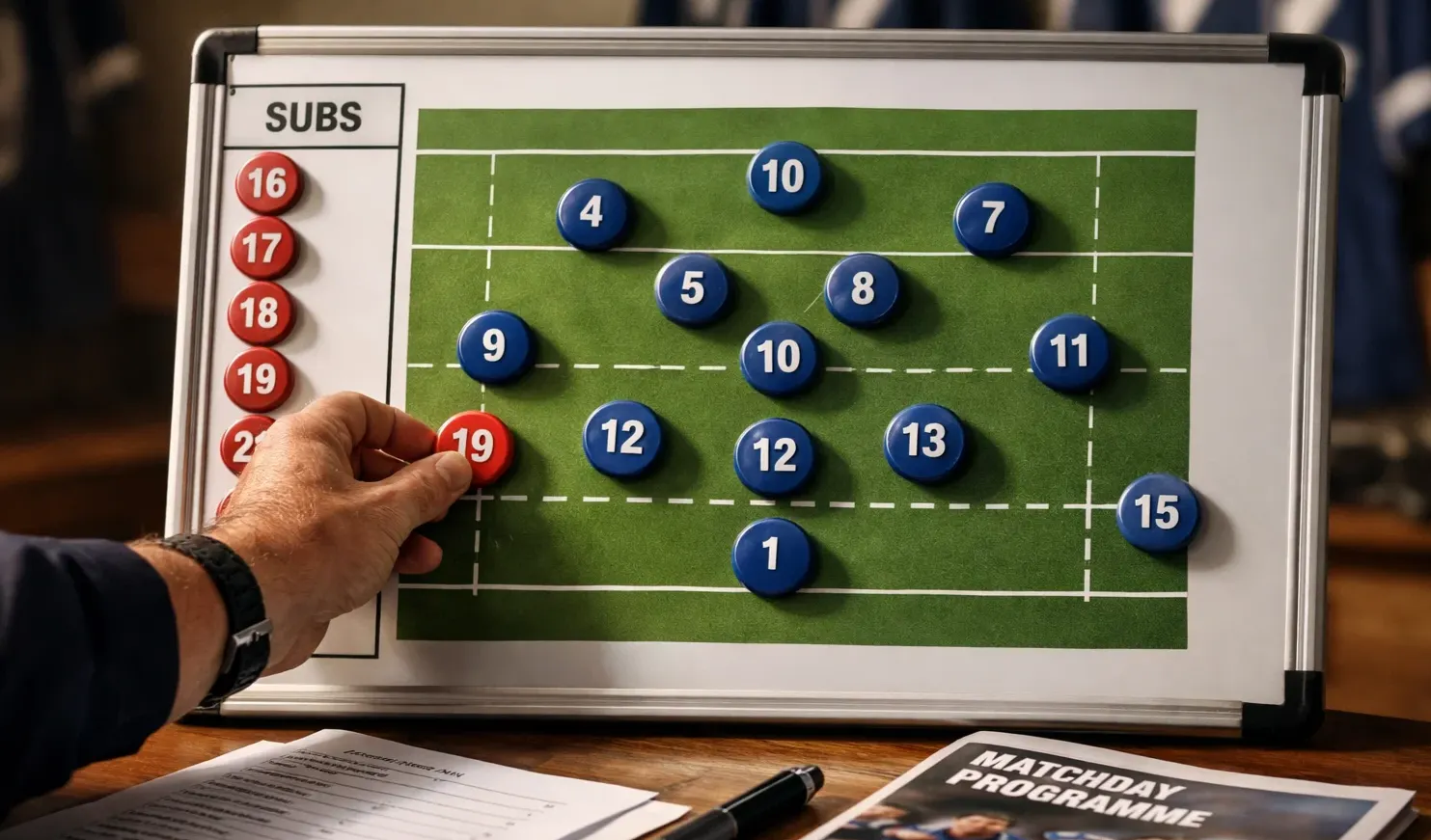 Compositions d'équipe rugby : entraîneur analysant la feuille de match avec le XV de départ sur un tableau tactique