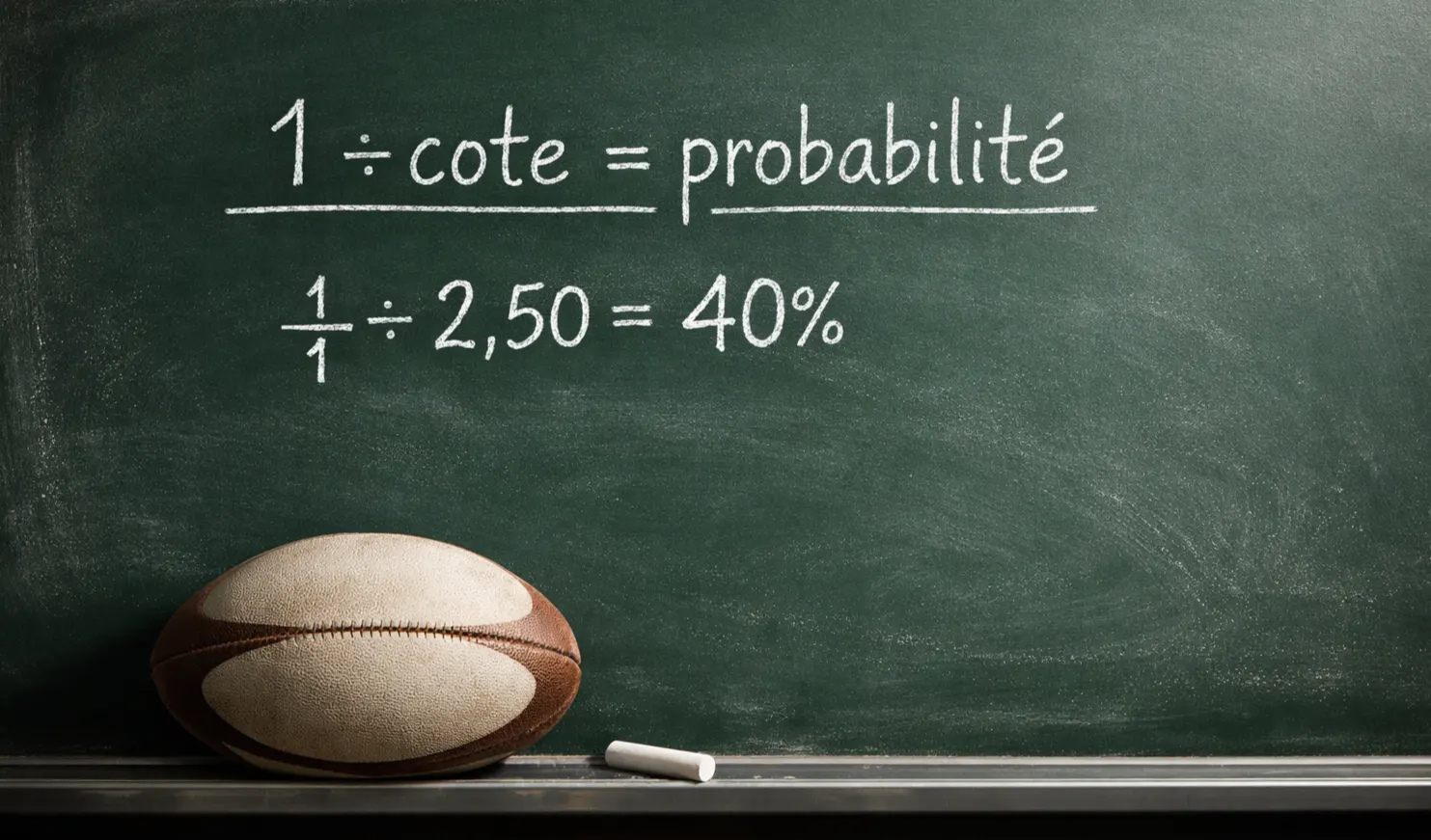Cotes décimales et marge du bookmaker : tableau noir avec formules de probabilité implicite et un ballon de rugby