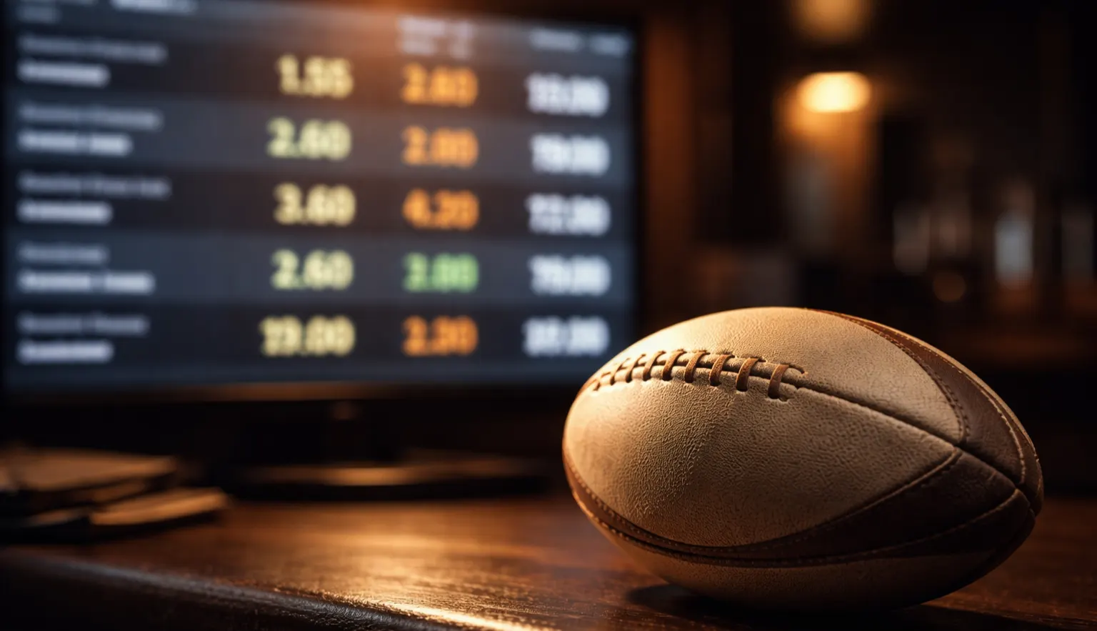 Gros plan sur un tableau de cotes de paris rugby affiché sur un écran avec un ballon de rugby en premier plan