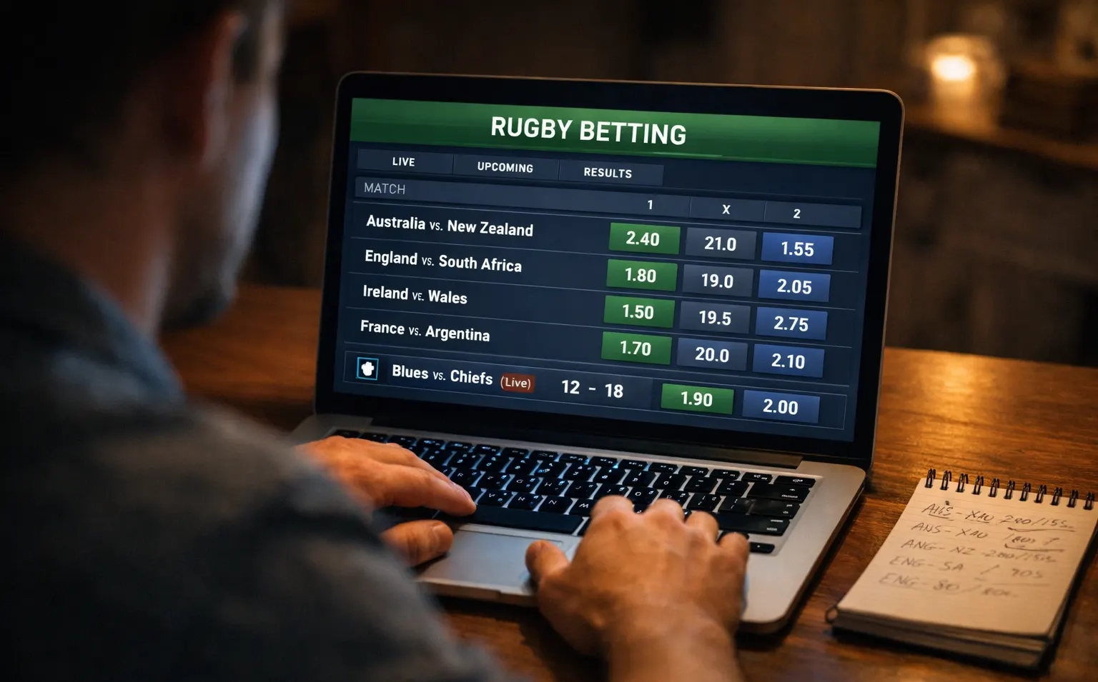 Gros plan sur un écran de paris sportifs affichant les cotes d'un match de rugby