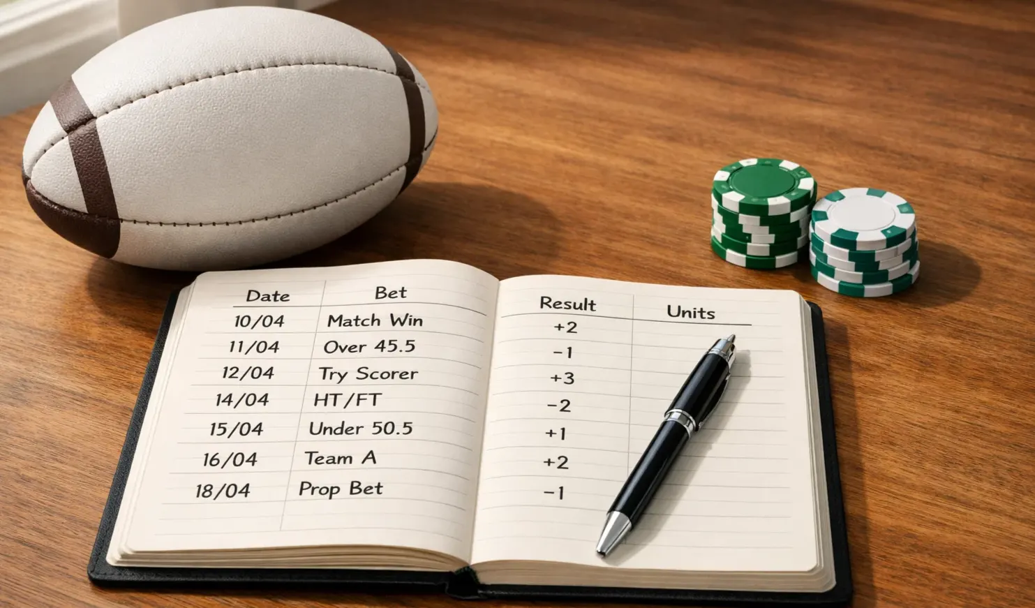 Gestion de bankroll pour les paris rugby : carnet de suivi des mises posé à côté d'un ballon de rugby ovale