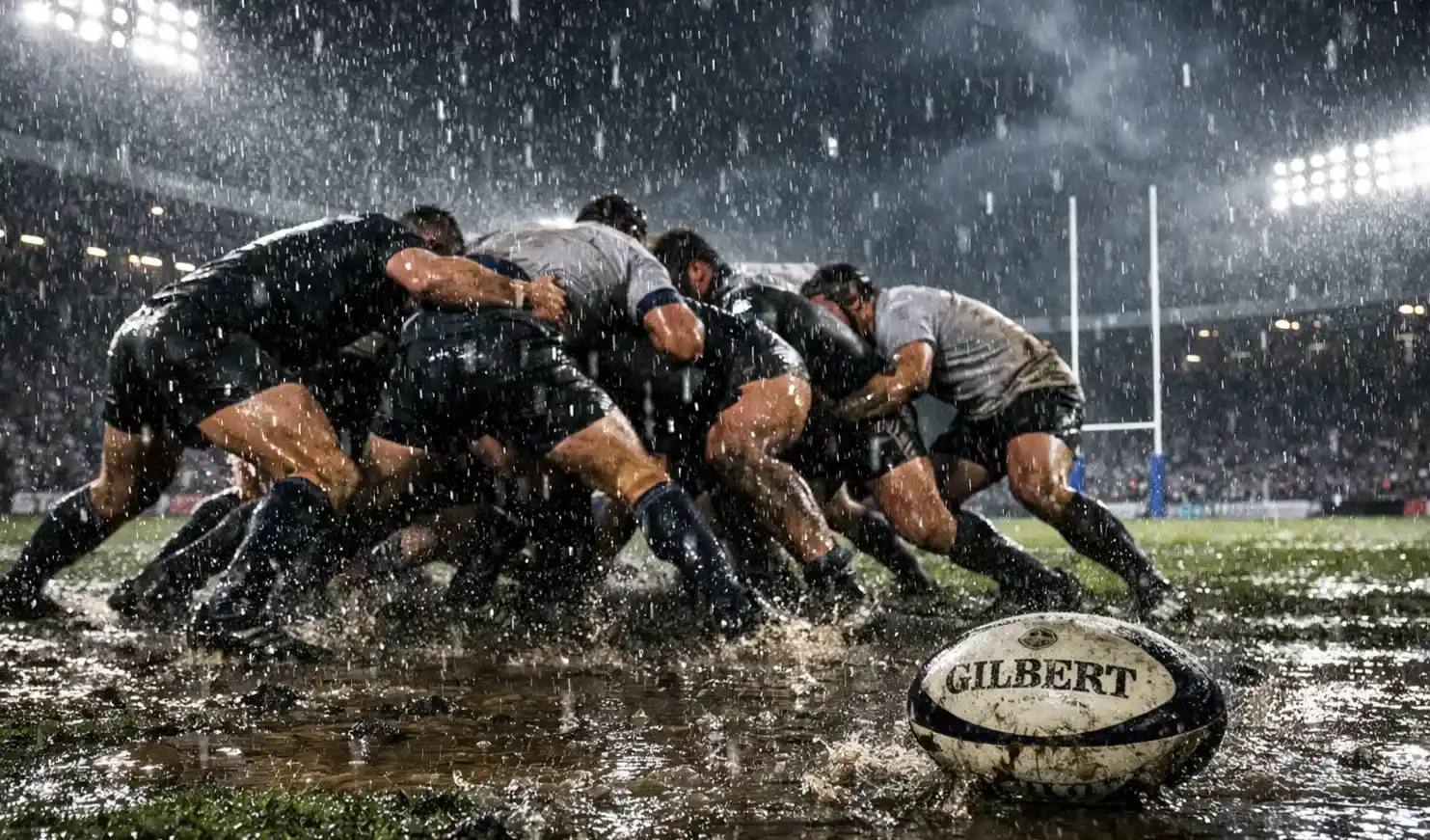 Météo et paris rugby : match de rugby disputé sous une pluie battante sur une pelouse détrempée