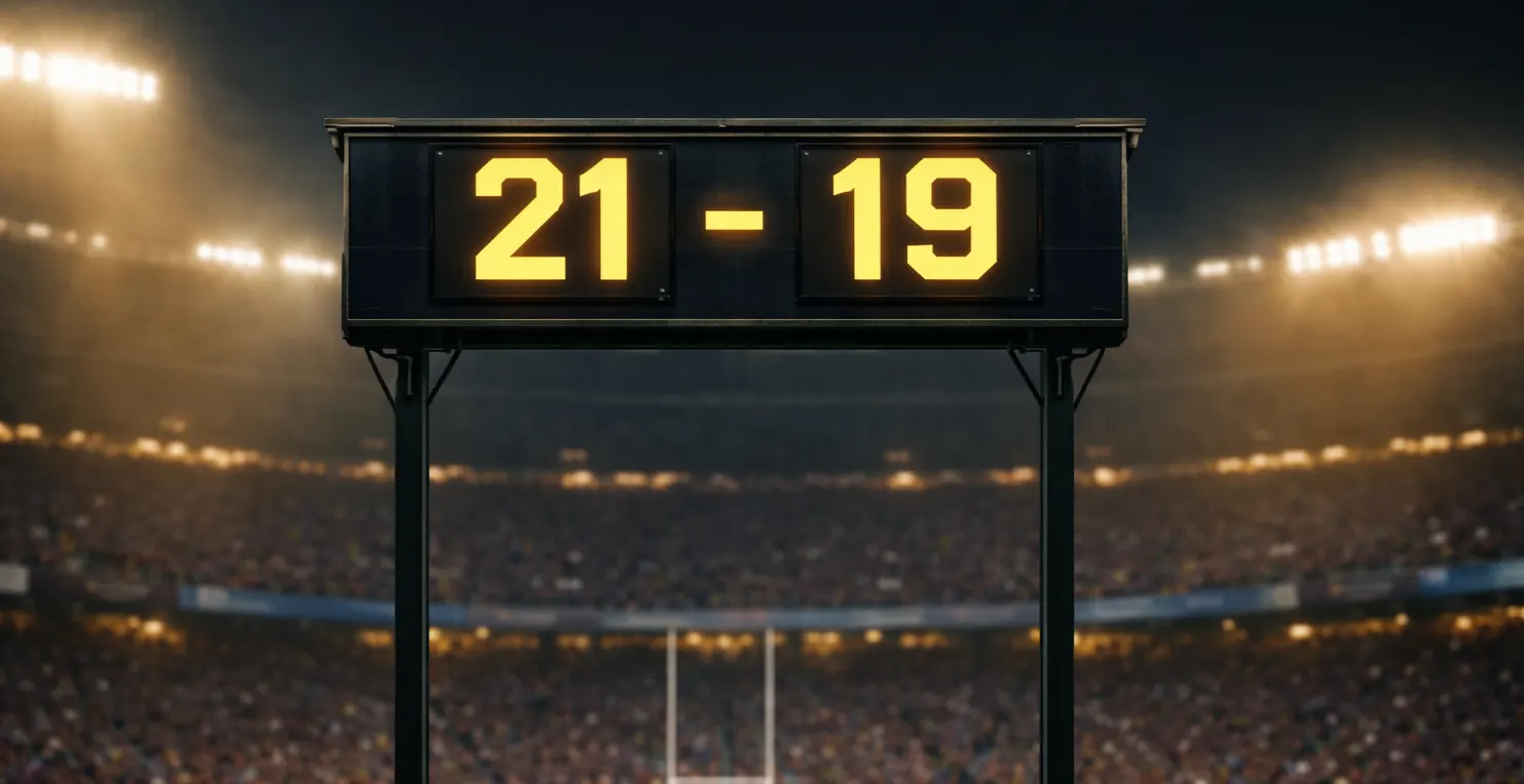 Pari 1N2 rugby : tableau d'affichage dans un stade de rugby avec score serré