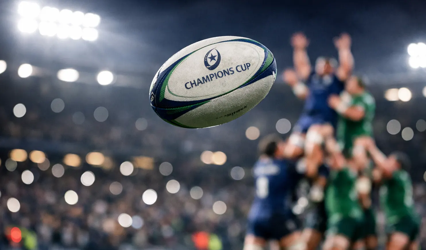 Parier sur la Champions Cup rugby : action de jeu lors d'un match européen de rugby en soirée sous les projecteurs