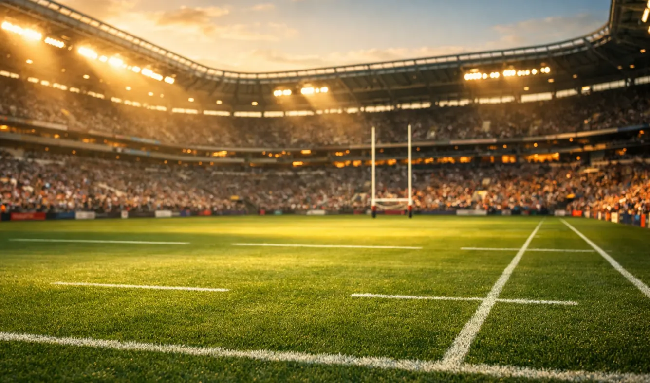 Stade de rugby éclairé avant un match du Top 14 avec tribune et pelouse verte