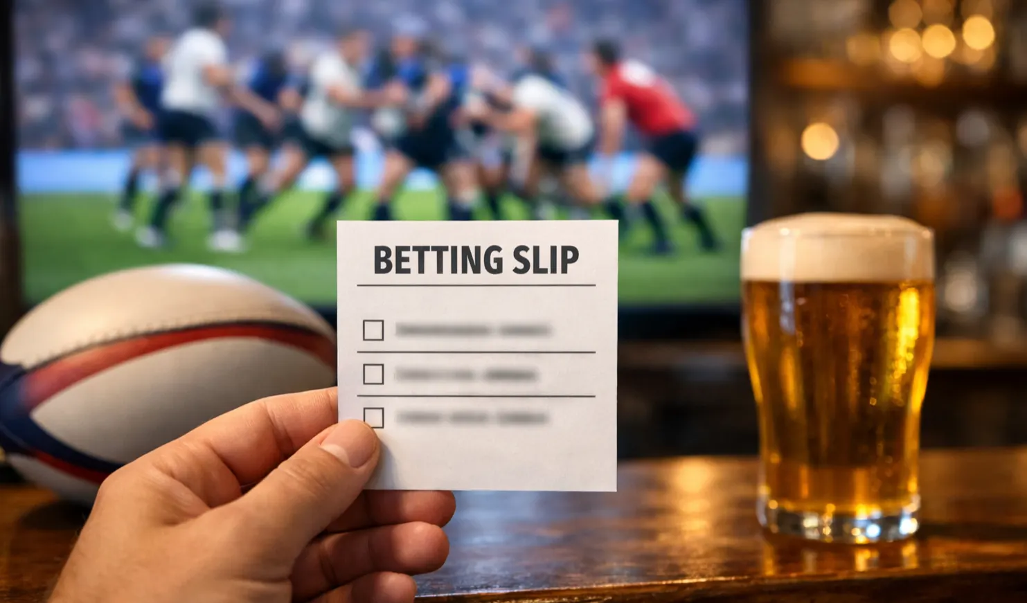 Paris combinés rugby : ticket de pari sportif avec plusieurs sélections de matchs de rugby à côté d'un ballon ovale