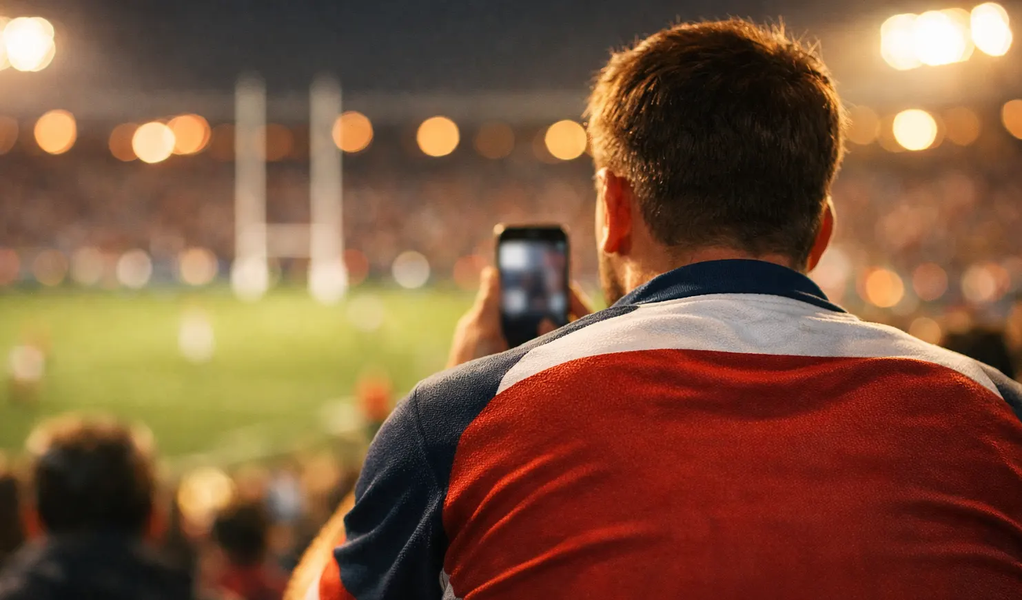 Paris en direct rugby : supporter regardant un match de rugby en direct sur smartphone avec les cotes live à l'écran