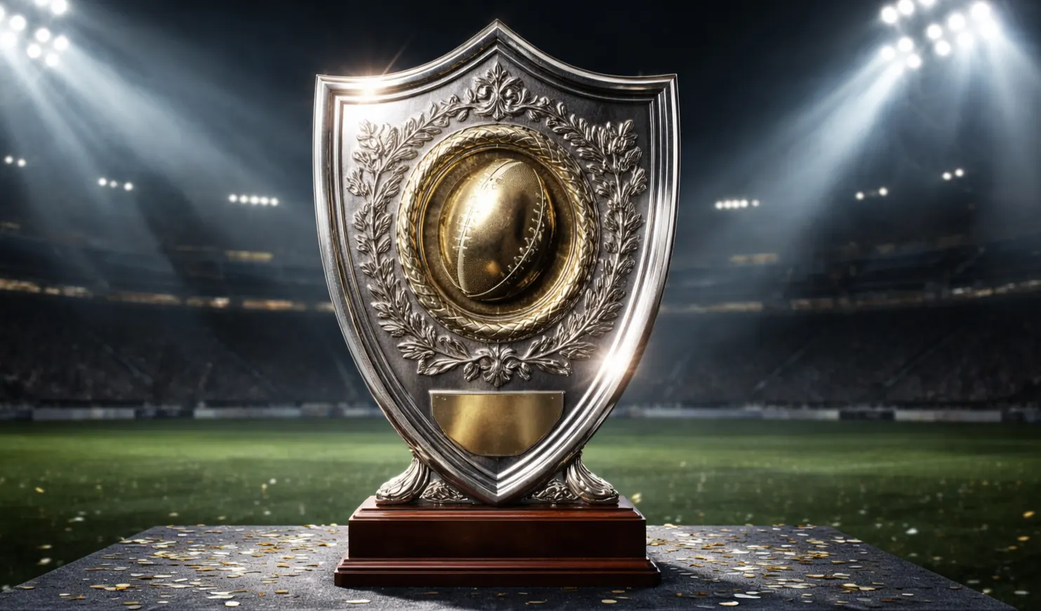 Paris long terme rugby : trophée du Top 14 exposé sous les projecteurs d'un stade de rugby