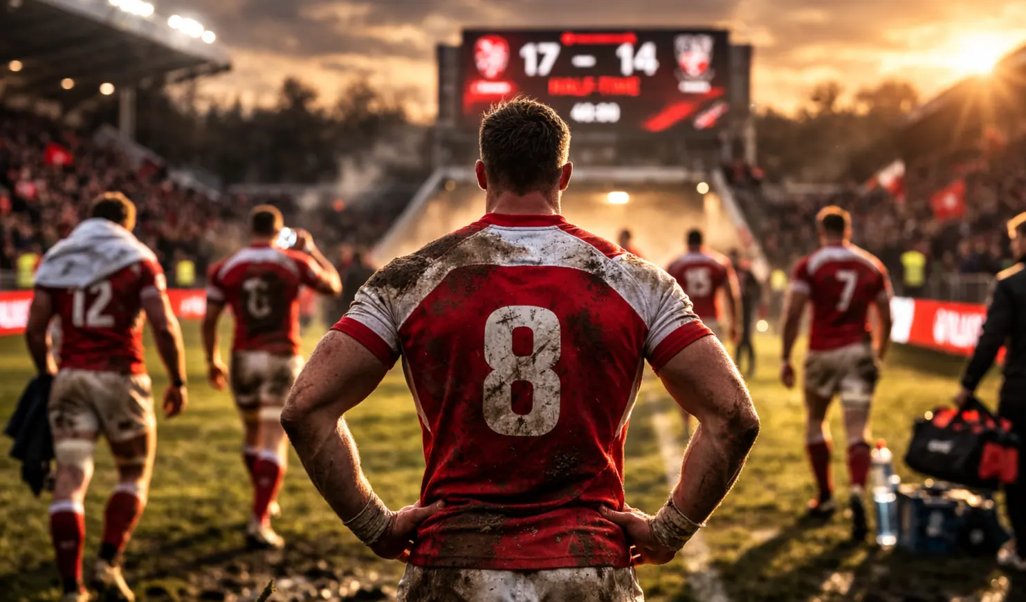 Paris mi-temps/fin de match rugby : joueurs de rugby regroupés à la mi-temps sur terrain en herbe