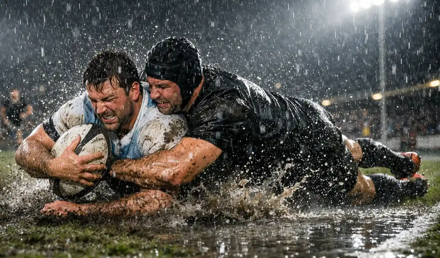 Paris over/under rugby : joueur de rugby plaquant un adversaire sous la pluie sur terrain boueux