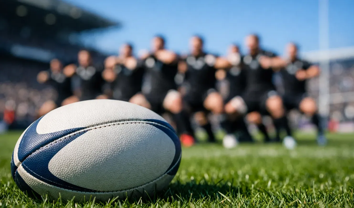 Rugby Championship : joueurs de rugby en maillots noirs exécutant un haka sur pelouse verte