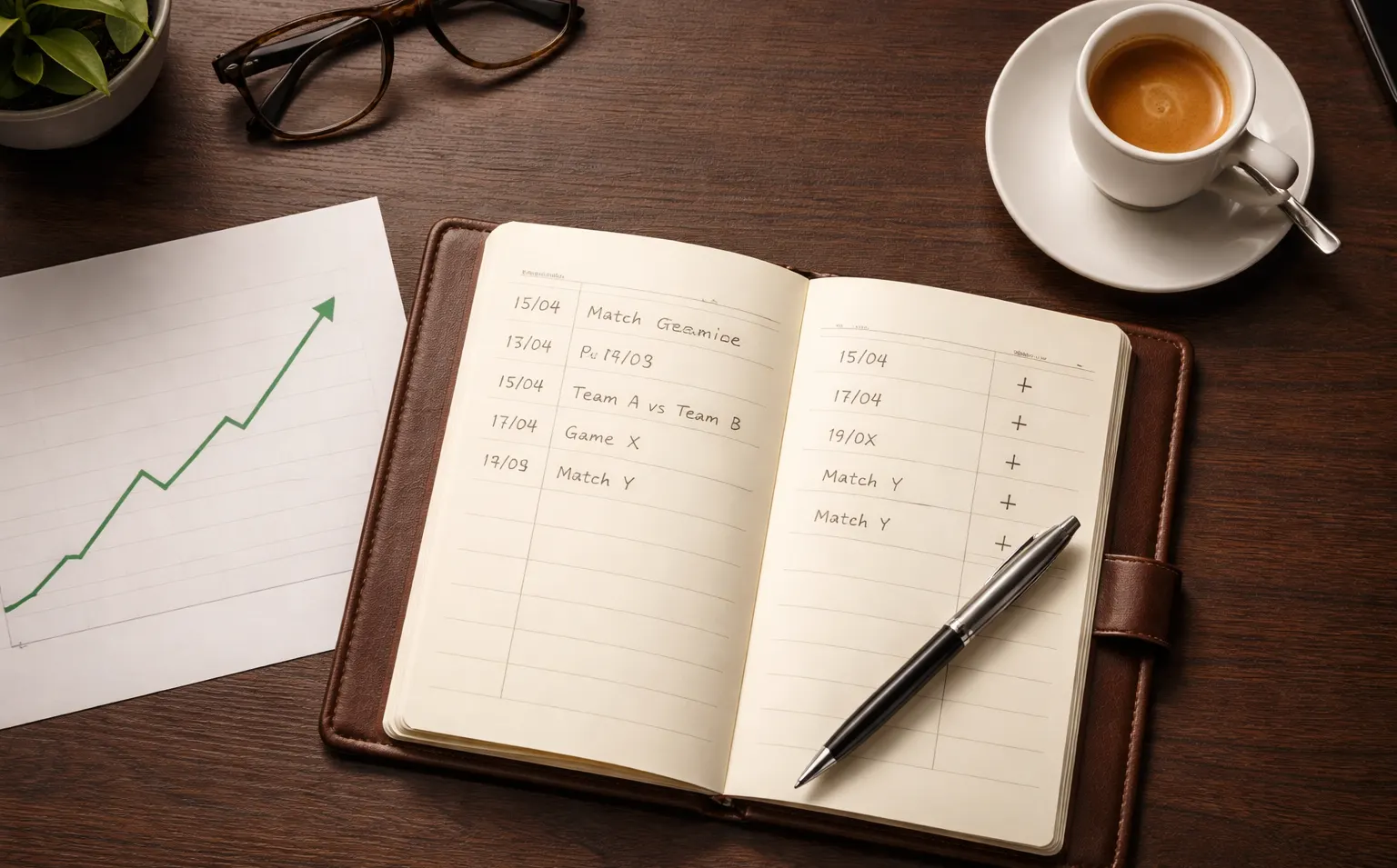 Personne prenant des notes sur un carnet avec des graphiques simples de suivi de paris sportifs rugby