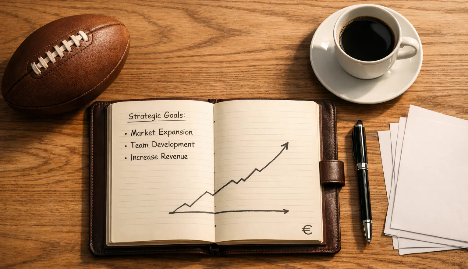 Bloc-notes ouvert avec un plan de stratégie de paris posé sur un bureau à côté d'un ballon de rugby