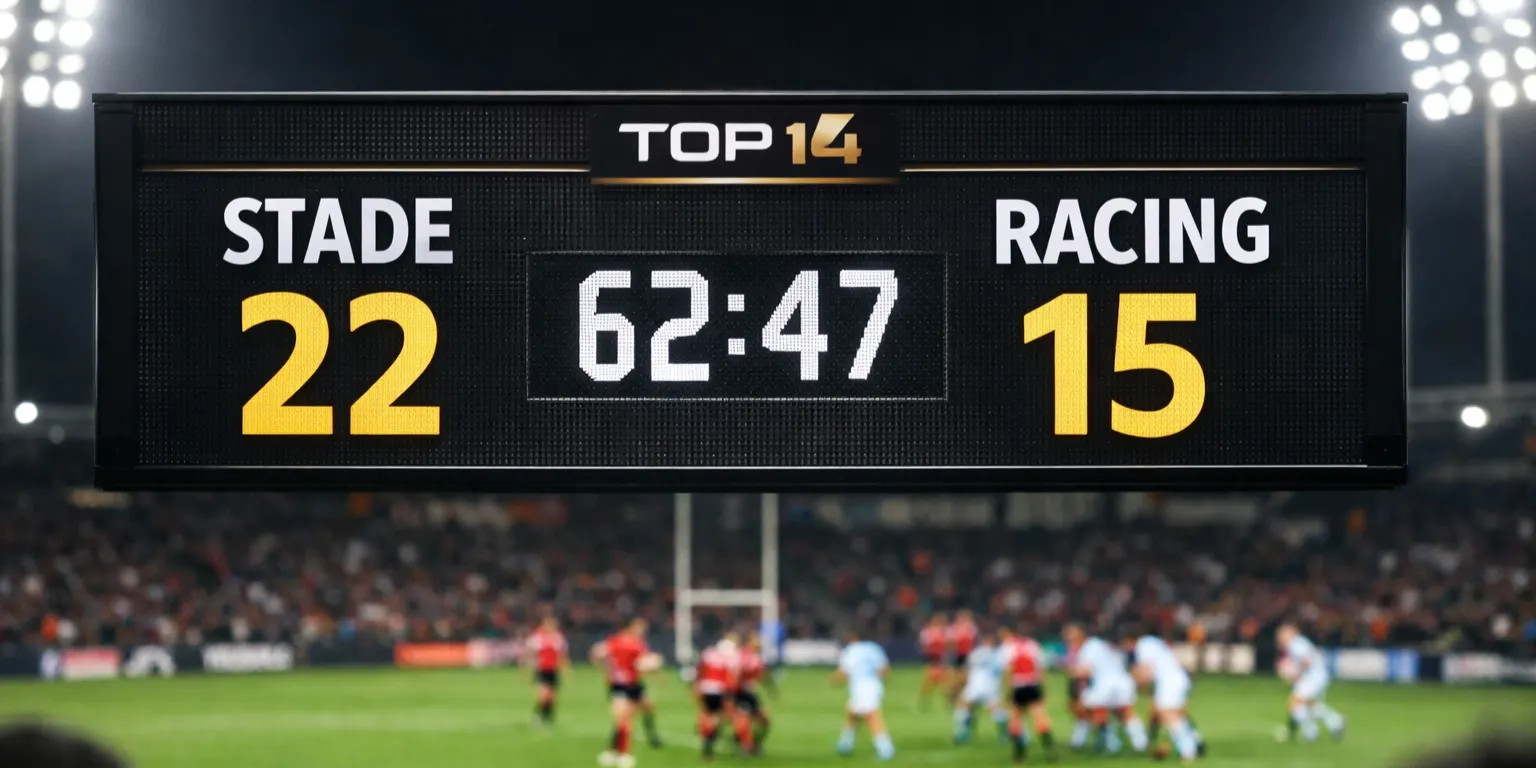 Tableau d'affichage dans un stade de rugby montrant le score d'un match du Top 14