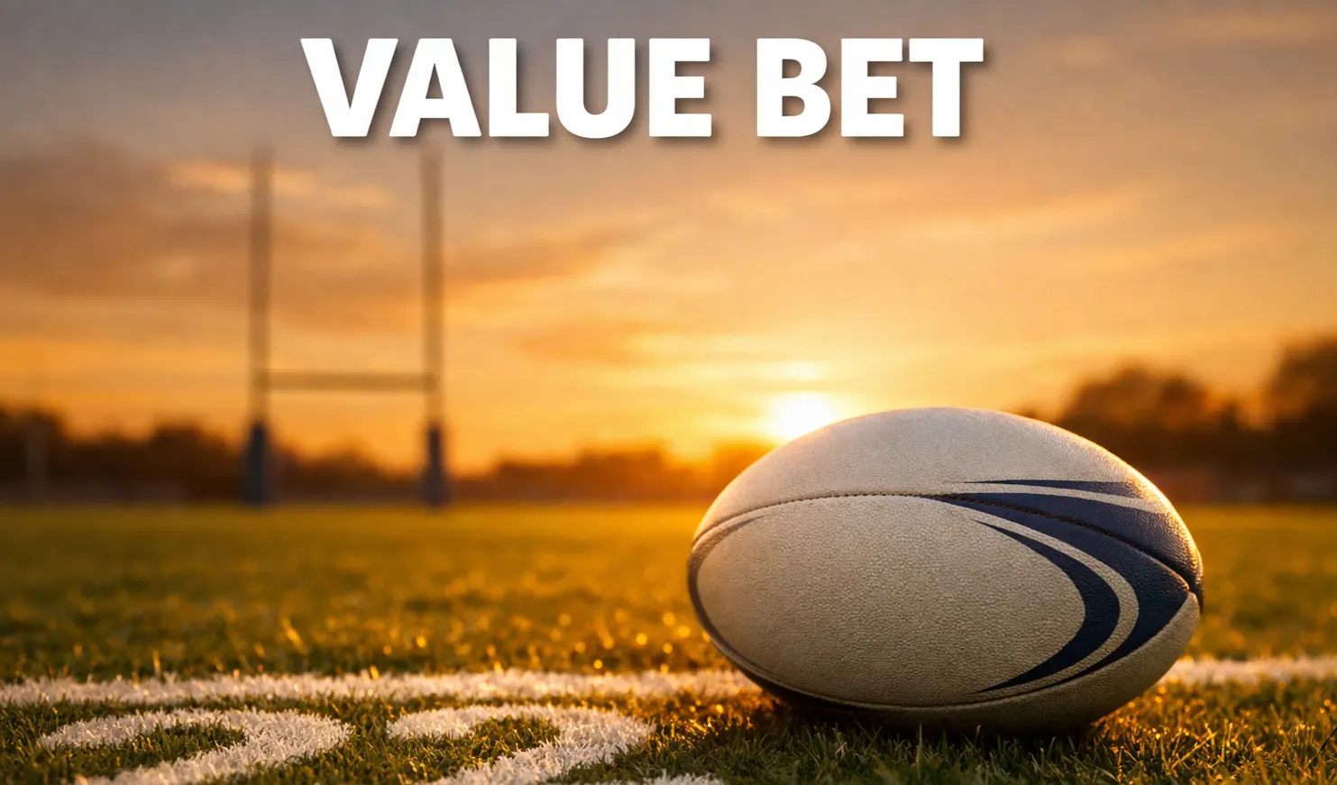 Value bet rugby : gros plan sur un ballon de rugby posé sur une pelouse avec des cotes décimales affichées en surimpression